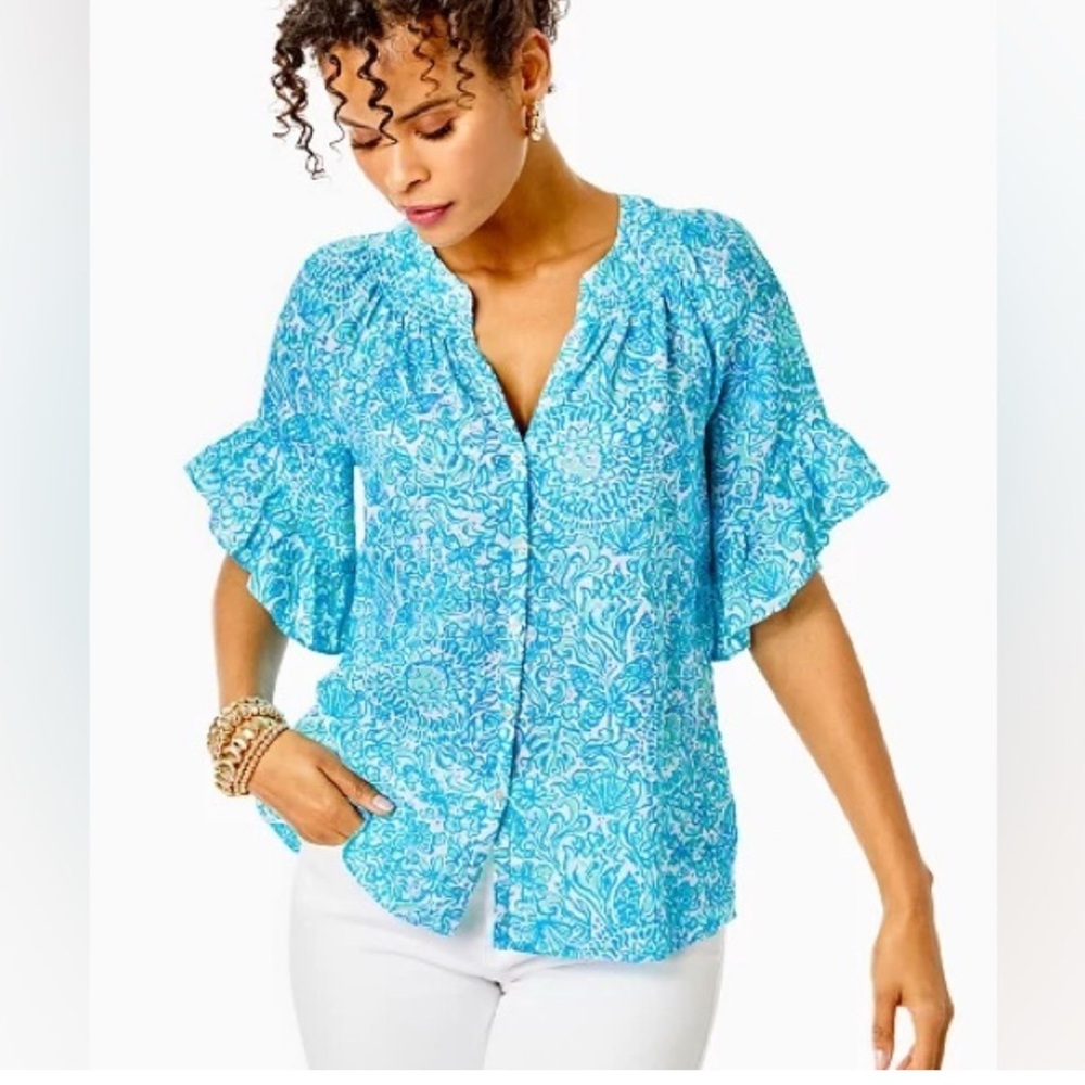 Lilly Pulitzer Tayla Short Sleeve Linen Top Took Me By Sunrise XSMALL